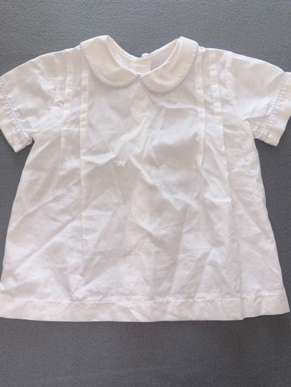 The Oaks Apparel Peter Pan Collared White Blue Seersucker Trim Preppy Dressy 4